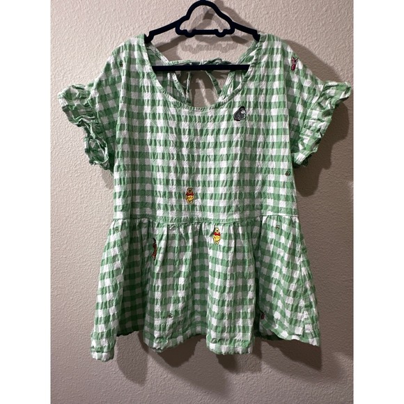 Disney Tops - Disney Winnie the Pooh Top Womens S Green Gingham Seersucker Embroidered Blouse